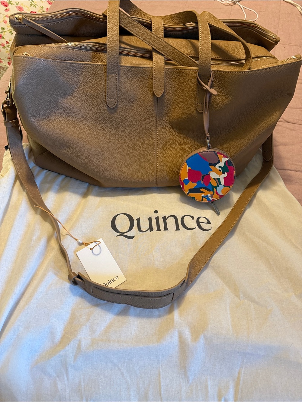 Quince Beige/Tan Pebbled Leather Tote with Colorful Charm